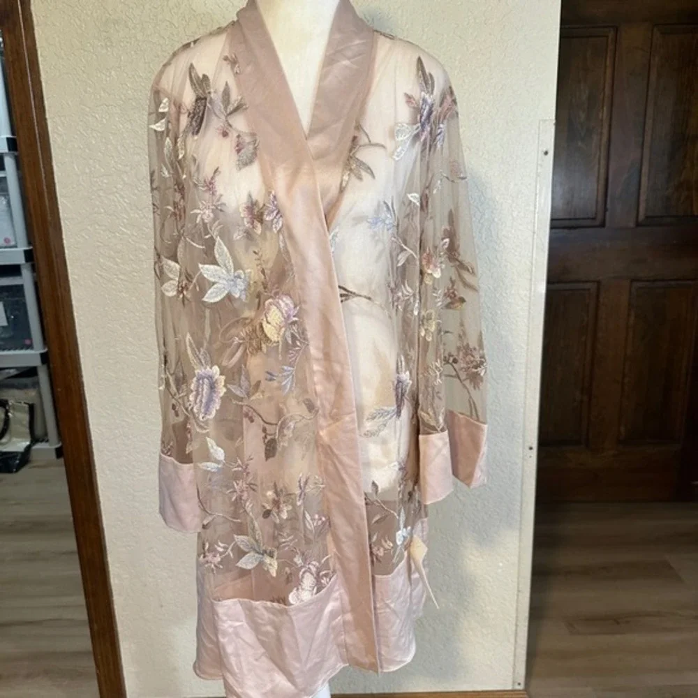 Rya Collection Sepia Rose Embroidered Mesh Kimono Robe Cover Up‎ M L